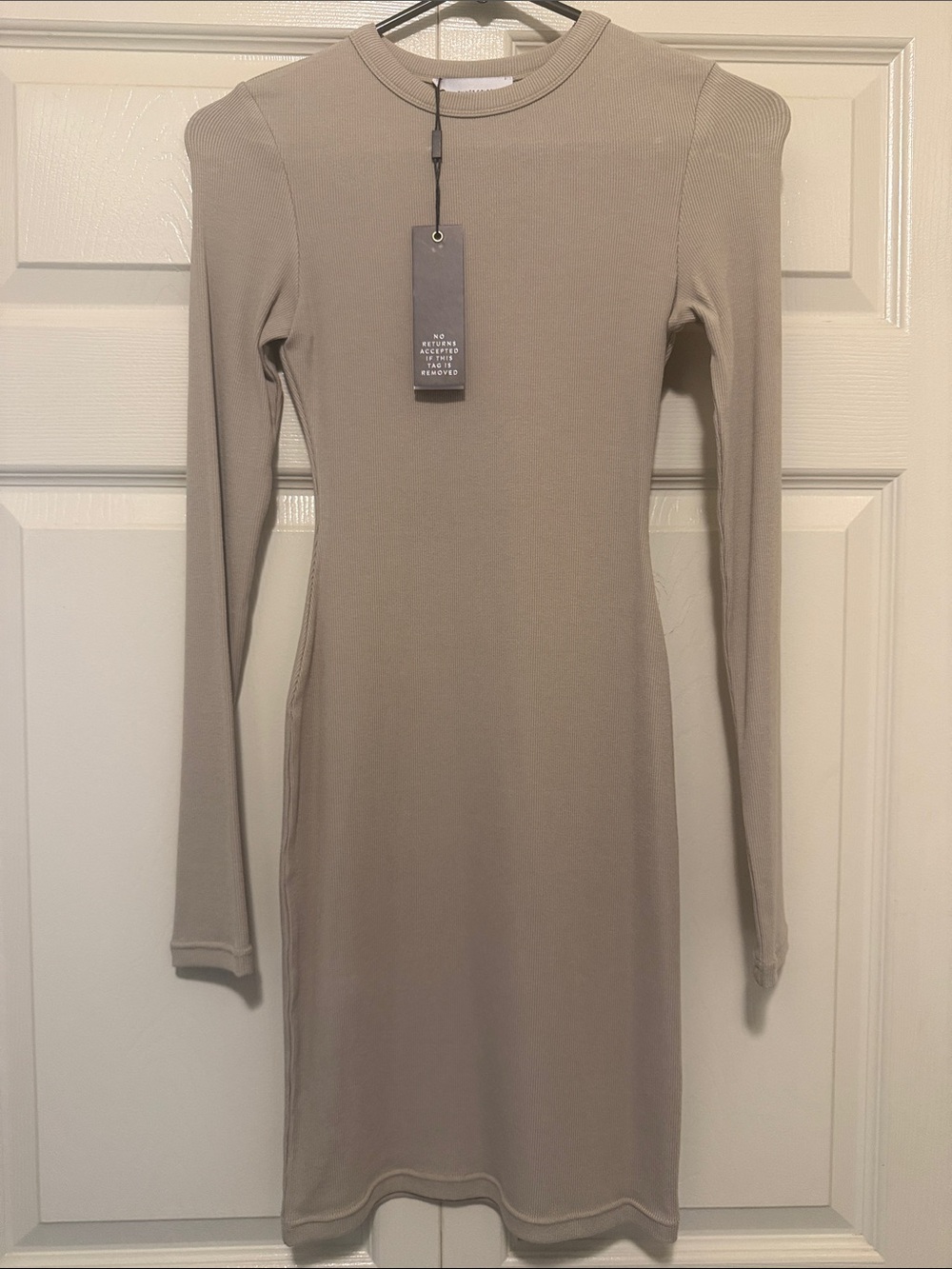 Long Sleeve Ribbed Midi Dress in Taupe